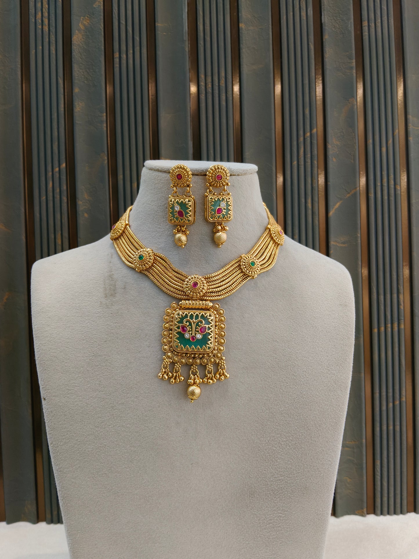 Gold Polki Ruby Sage Green Necklace Jewellery Riko Sets
