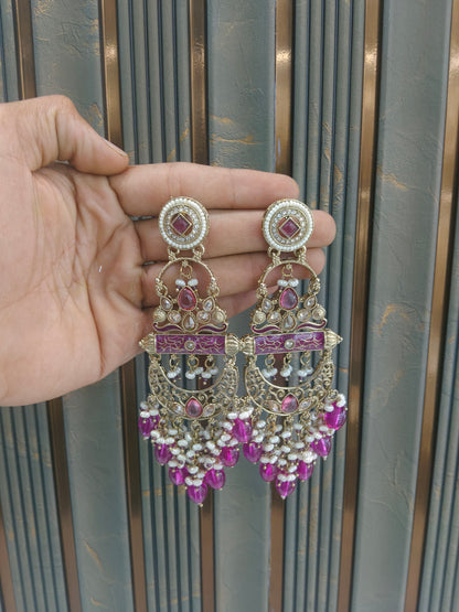 Antique Gold Majenta Bollywood Saku Earrings
