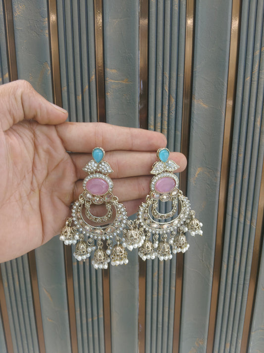 Antique Gold Sky Blue pink Bollywood Tora Earrings