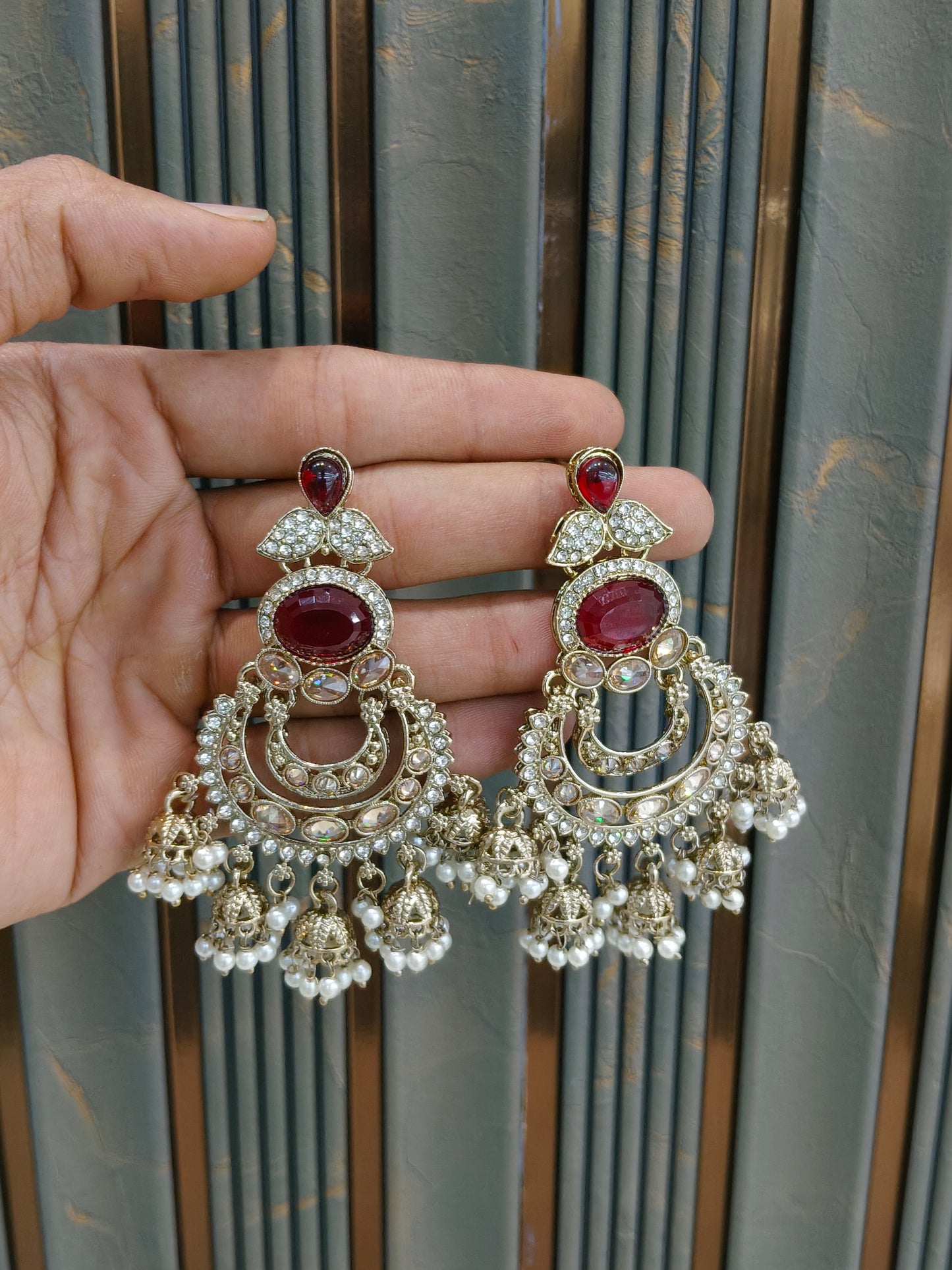 Antique Gold Maroon Bollywood Yuri Earrings