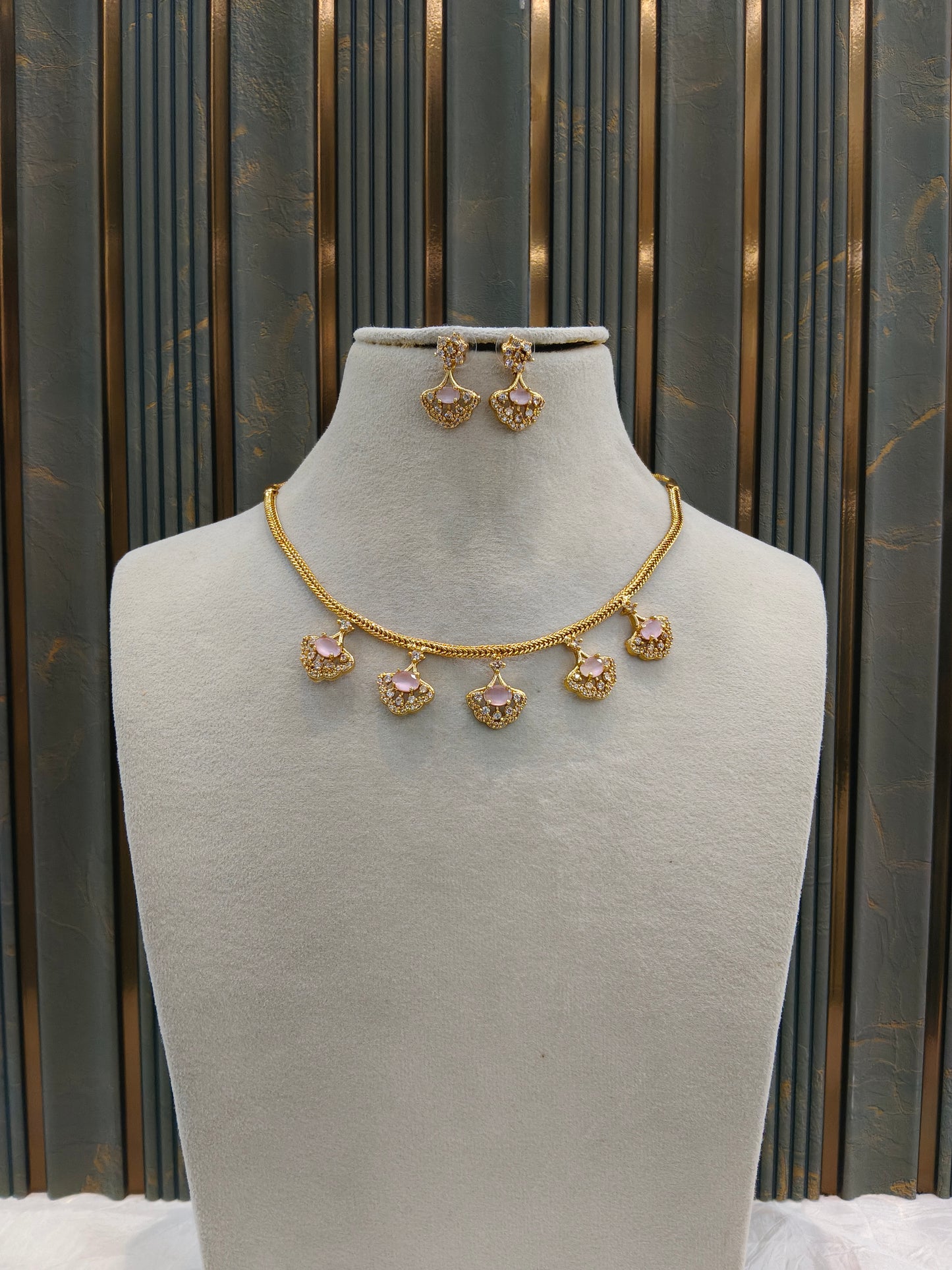 Gold American Diamond Pink Ad Inori Necklace Set