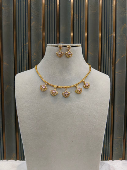 Gold American Diamond Pink Ad Inori Necklace Set