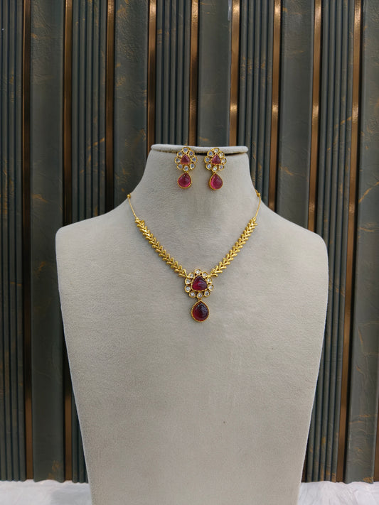 Gold American Diamond Ruby Ad Hana Necklace Set