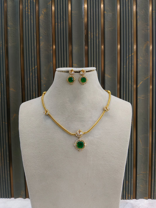 Gold American Diamond Green Ad Hana Necklace Set