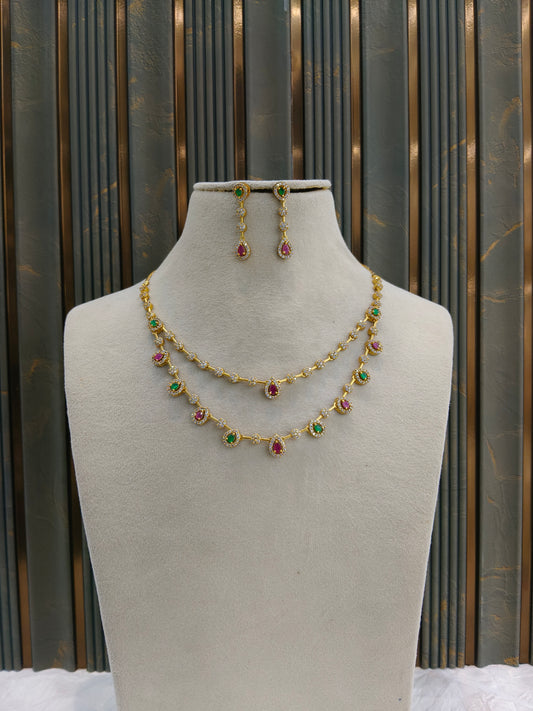 Gold American Diamond Ruby Green Ad Hana Necklace Set