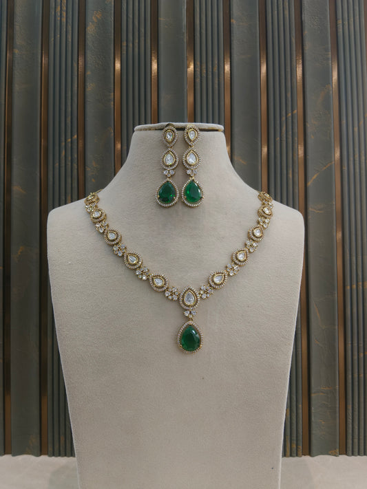Antique Gold Green Moissanite Kundan Necklace Jewellery Hina Set