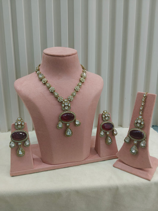 Antique Gold Maroon Long Moissanite Kundan Necklace Jewellery Henry Set