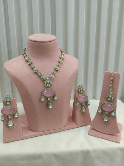 Antique Gold Pink Long Moissanite Kundan Necklace Jewellery Henry Set
