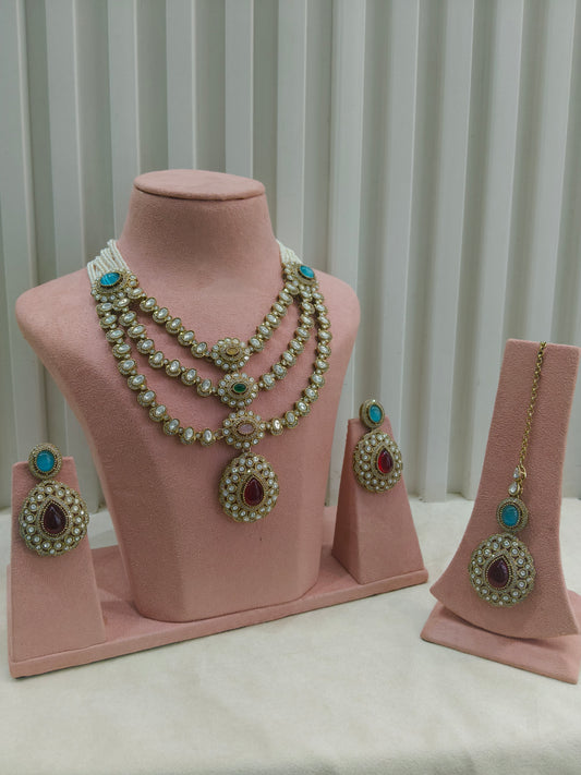 Antique Gold Multicolor Long Moissanite Kundan Necklace Jewellery Henry Set