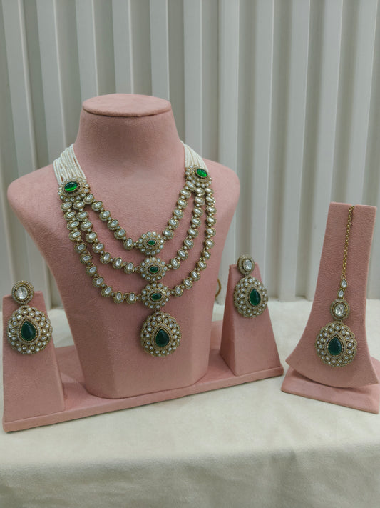 Antique Gold Green Long Moissanite Kundan Necklace Jewellery Henry Set