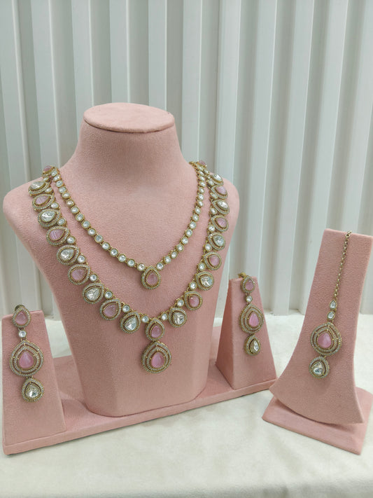 Antique Gold Pink Long Moissanite Kundan Necklace Jewellery Henry Set