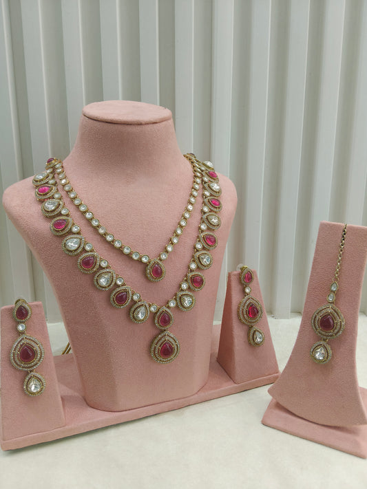 Antique Gold Ruby Long Moissanite Kundan Necklace Jewellery Henry Set