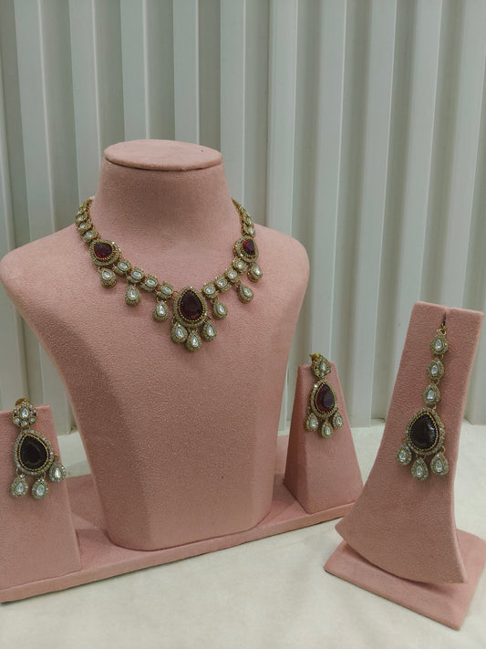 Antique Gold Maroon Moissanite Kundan Necklace Jewellery Lena Set