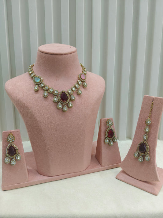 Antique Gold Multicolor Moissanite Kundan Necklace Jewellery Lena Set