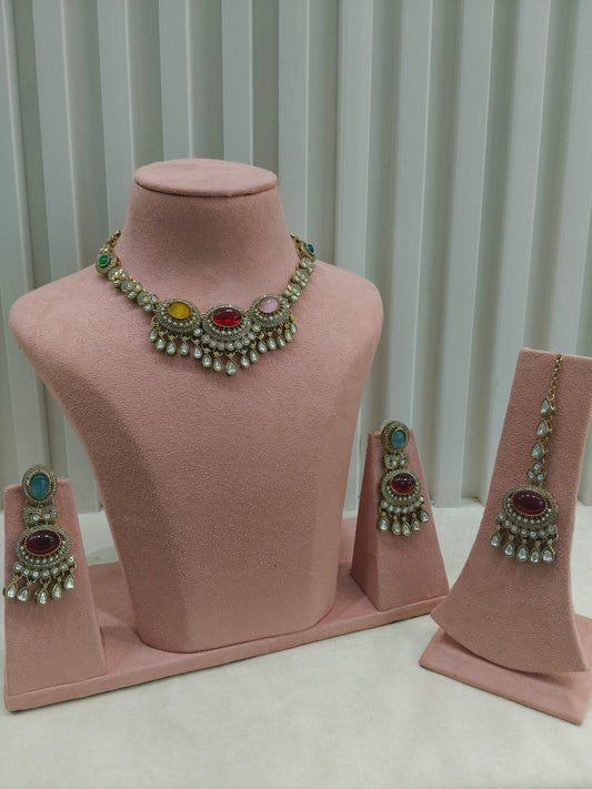 Antique Gold Multicolor Moissanite Kundan Necklace Jewellery Lara Set