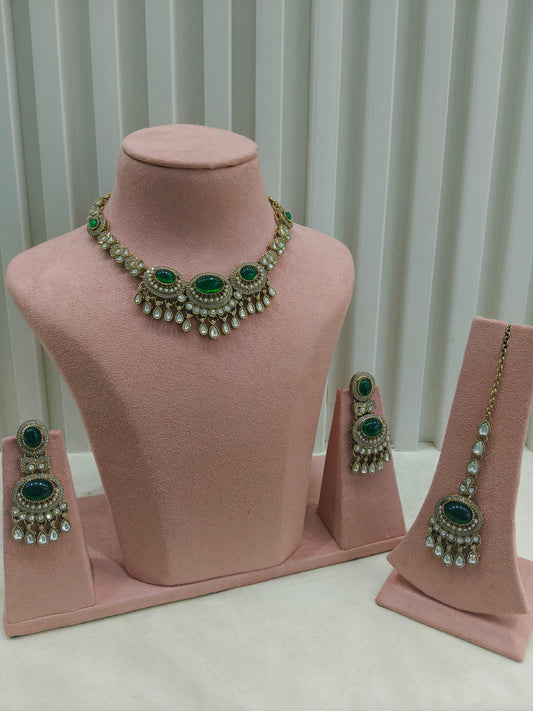 Antique Gold Green Moissanite Kundan Necklace Jewellery Lara Set