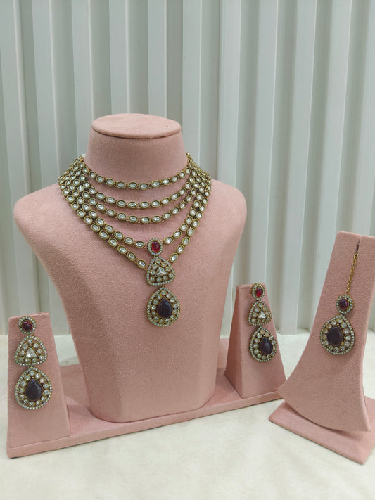 Antique Gold Maroon Moissanite Kundan Necklace Jewellery Lexiet Set