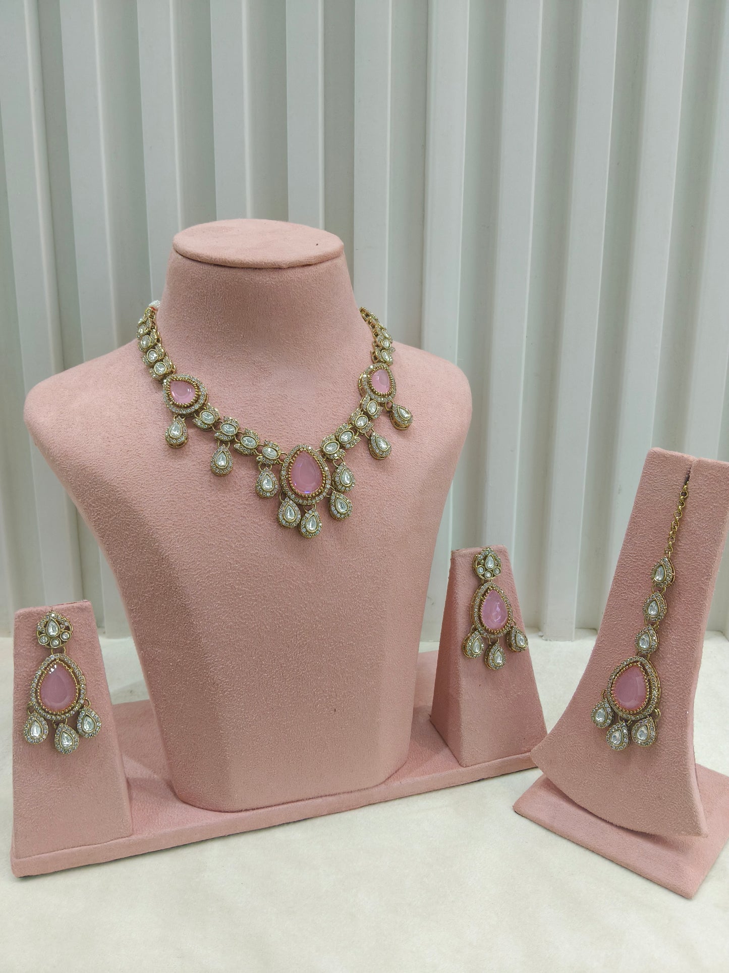 Antique Gold Pink Moissanite Kundan Necklace Jewellery Lena Set