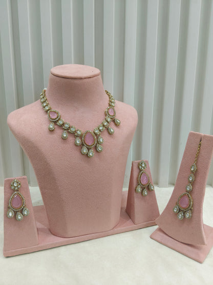 Antique Gold Pink Moissanite Kundan Necklace Jewellery Lena Set