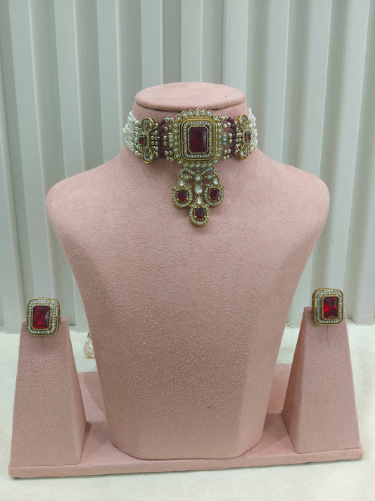 Antique Maroon Moissanite Kundan Choker Jewellery Sarah Set