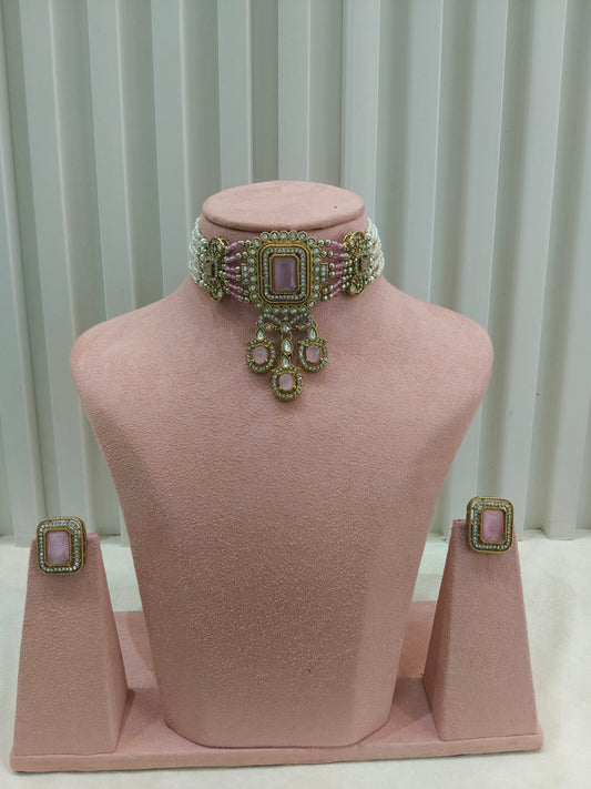 Antique Pink Moissanite Kundan Choker Jewellery Sarah Set