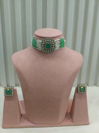 Antique Pista Moissanite Kundan Choker Jewellery Abby Set