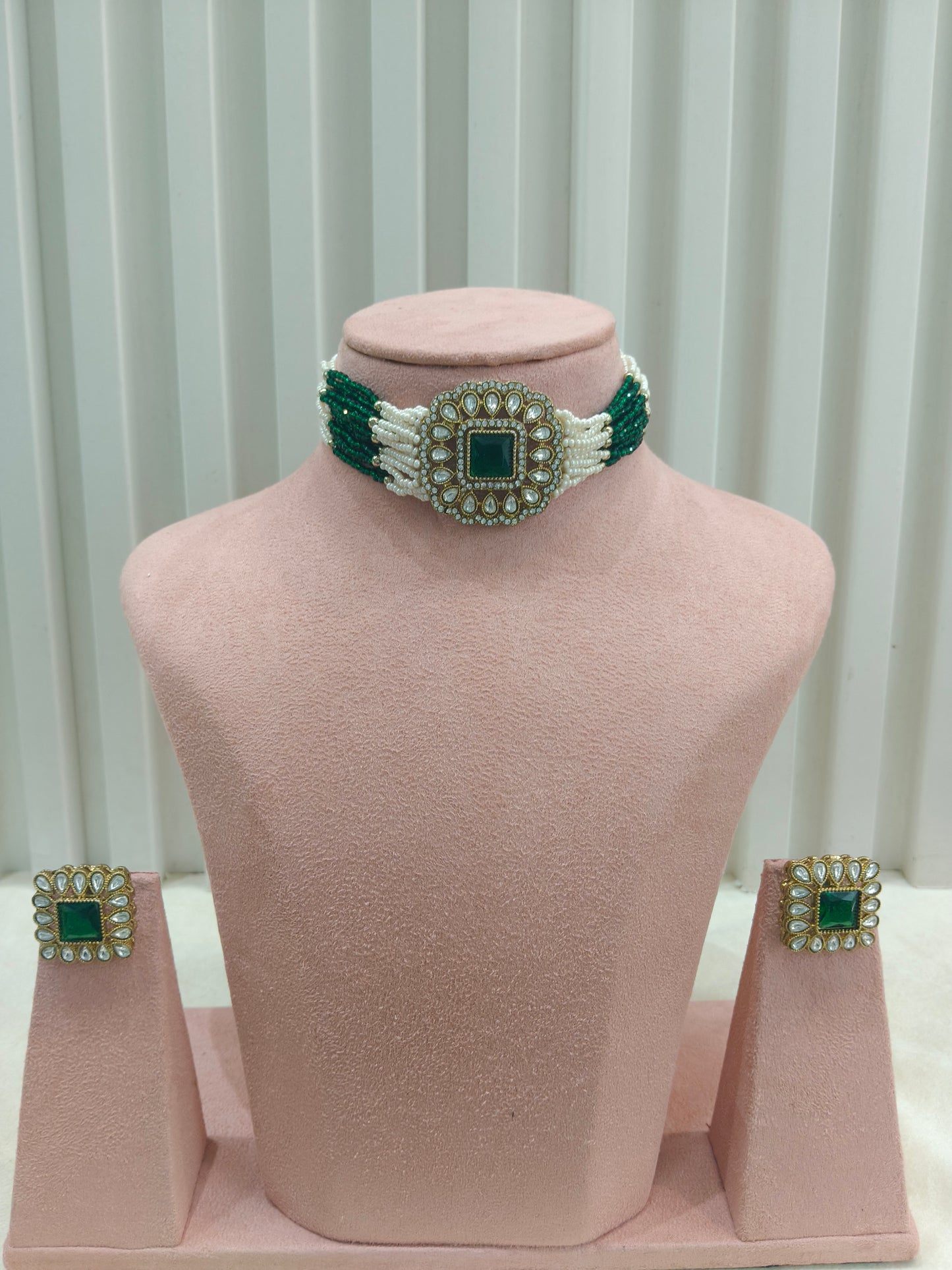Antique Green Moissanite Kundan Choker Jewellery Abby Set