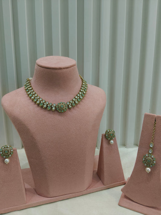 Antique Gold Pista Moissanite Kundan Necklace Jewellery Aya Set