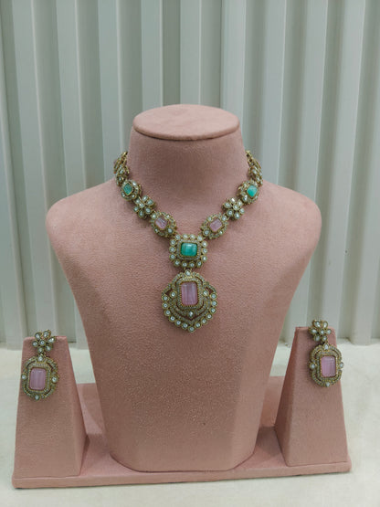 Antique Gold Mint pink Moissanite Kundan Necklace Jewellery Hemu Set