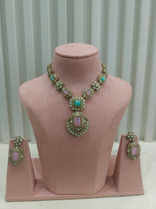 Antique Gold Mint pink Moissanite Kundan Necklace Jewellery Hemu Set