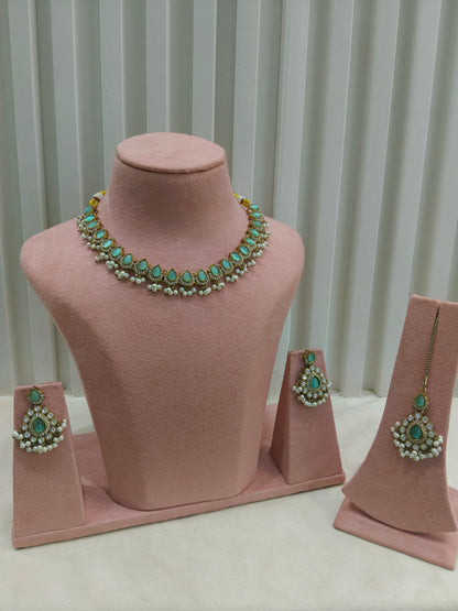 Antique Gold Pista Moissanite Kundan Necklace Jewellery Semu Set