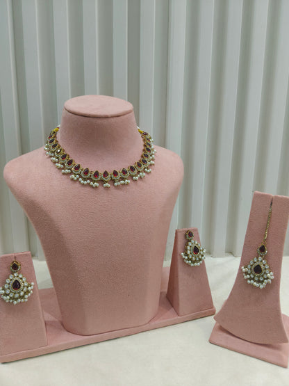 Antique Gold Maroon Moissanite Kundan Necklace Jewellery Semu Set