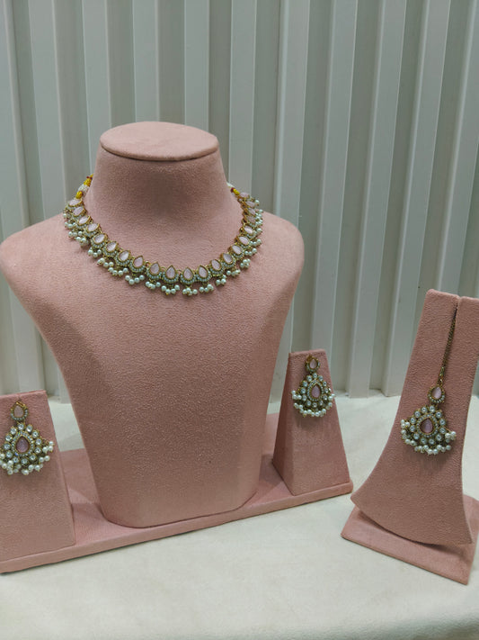 Antique Pink Moissanite Kundan Necklace Jewellery Semu Set