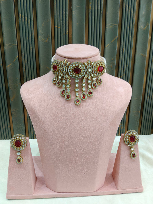 Antique Maroon Moissanite Kundan Choker Jewellery Soza Set