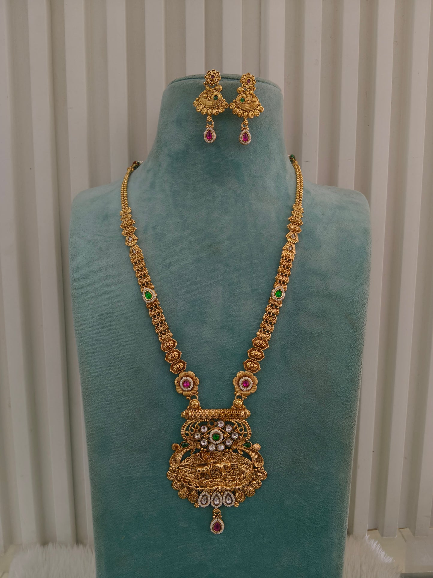 Gold Polki Ruby Green Long Rani Haar Necklace Anaya Jewellery Set