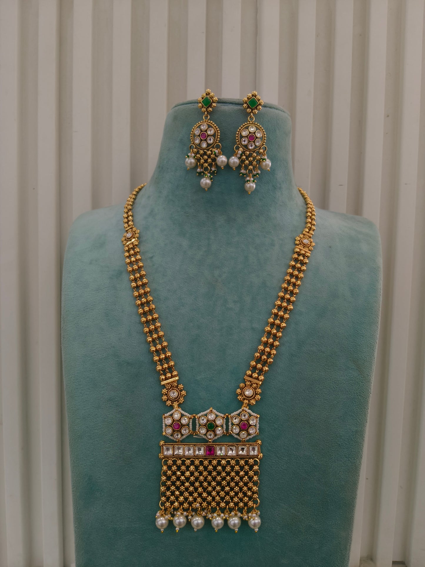 Gold Polki Ruby Green Long Rani Haar Necklace Anaya Jewellery Set