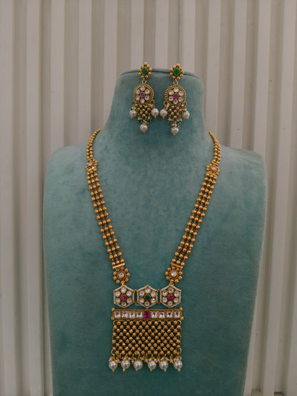 Gold Polki Ruby Green Long Rani Haar Necklace Anaya Jewellery Set