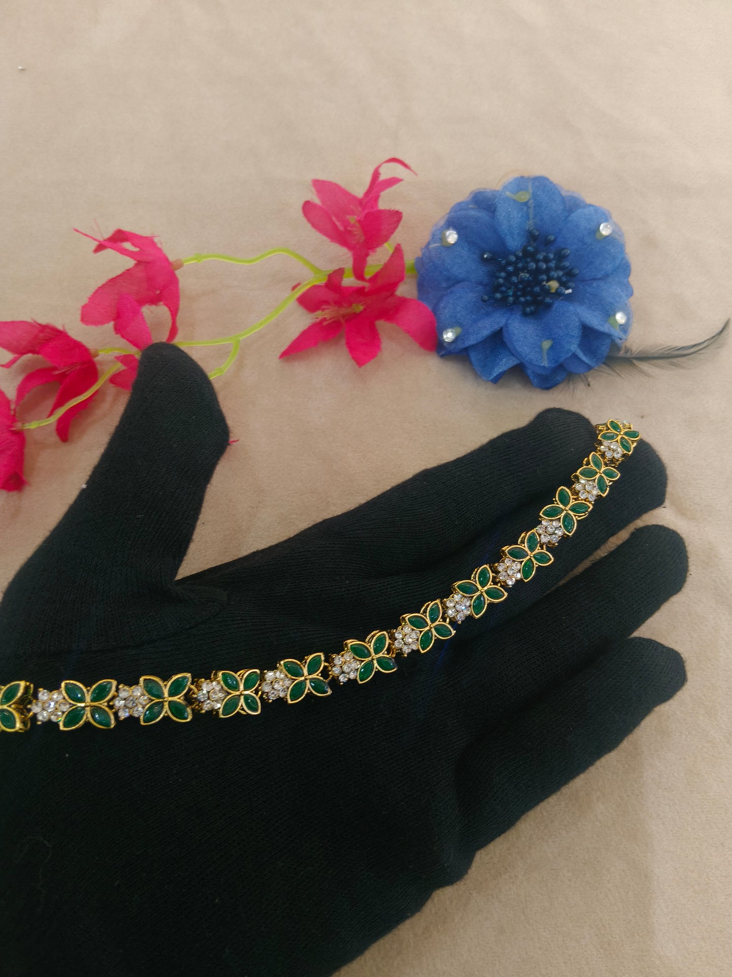 Gold Green Kundan Sheesh Phool Headpiece Matha Patti