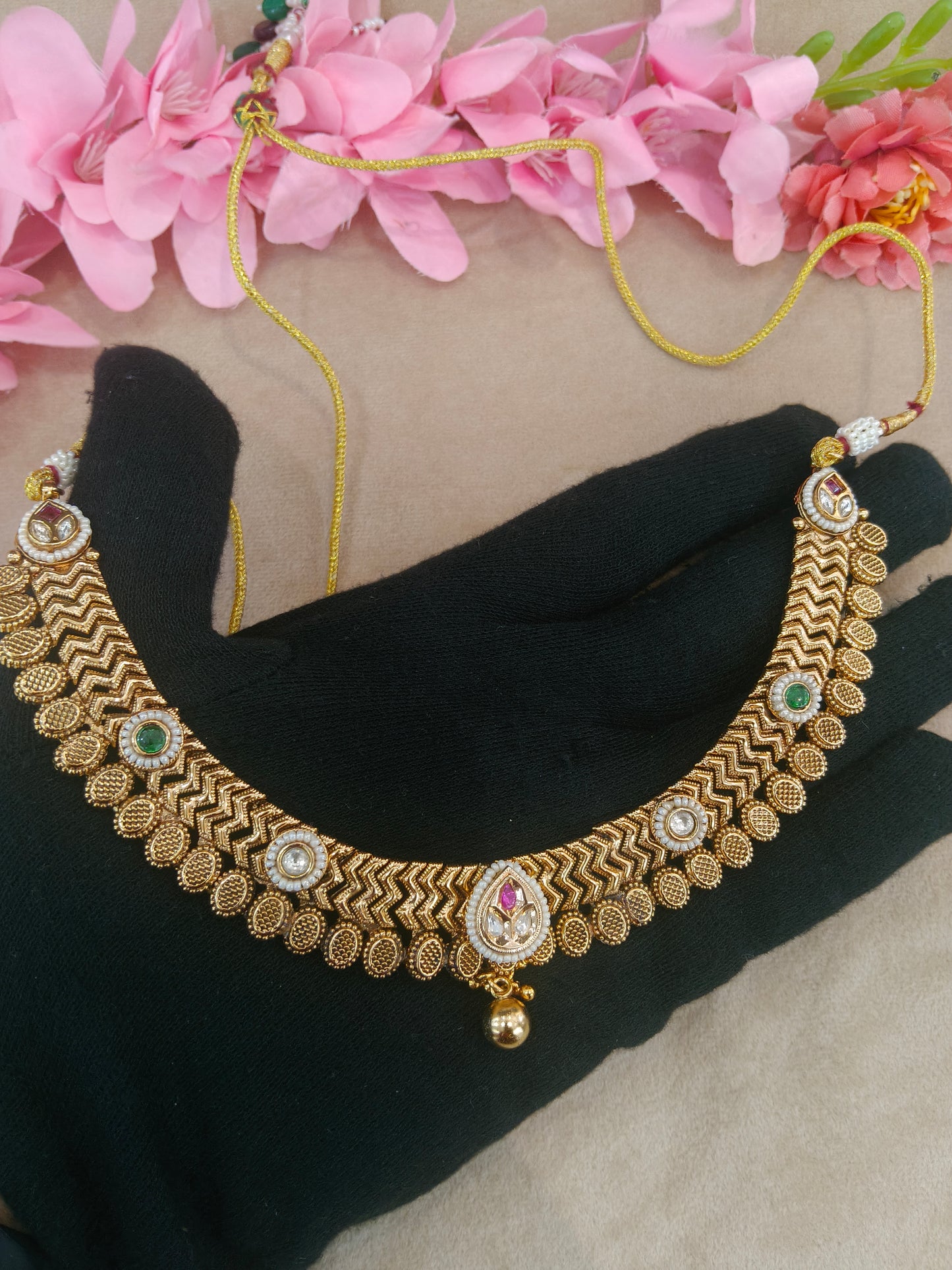 Gold Polki Ruby Green Necklace Jewellery Roma Set