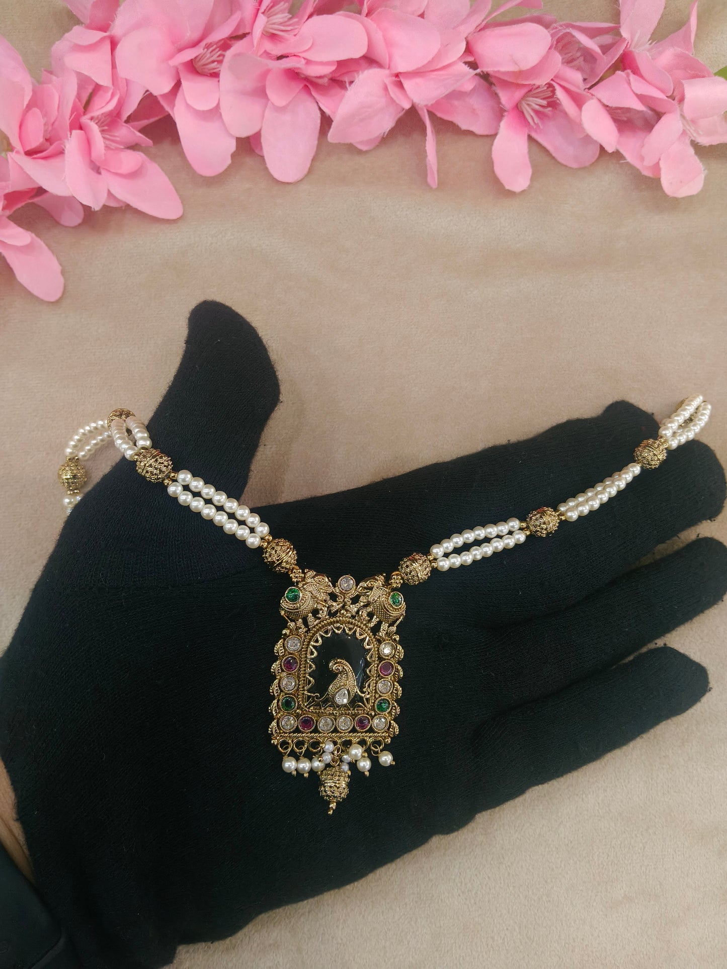 Antique Gold Ruby Green Long Necklace Jewellery Rutvi Set
