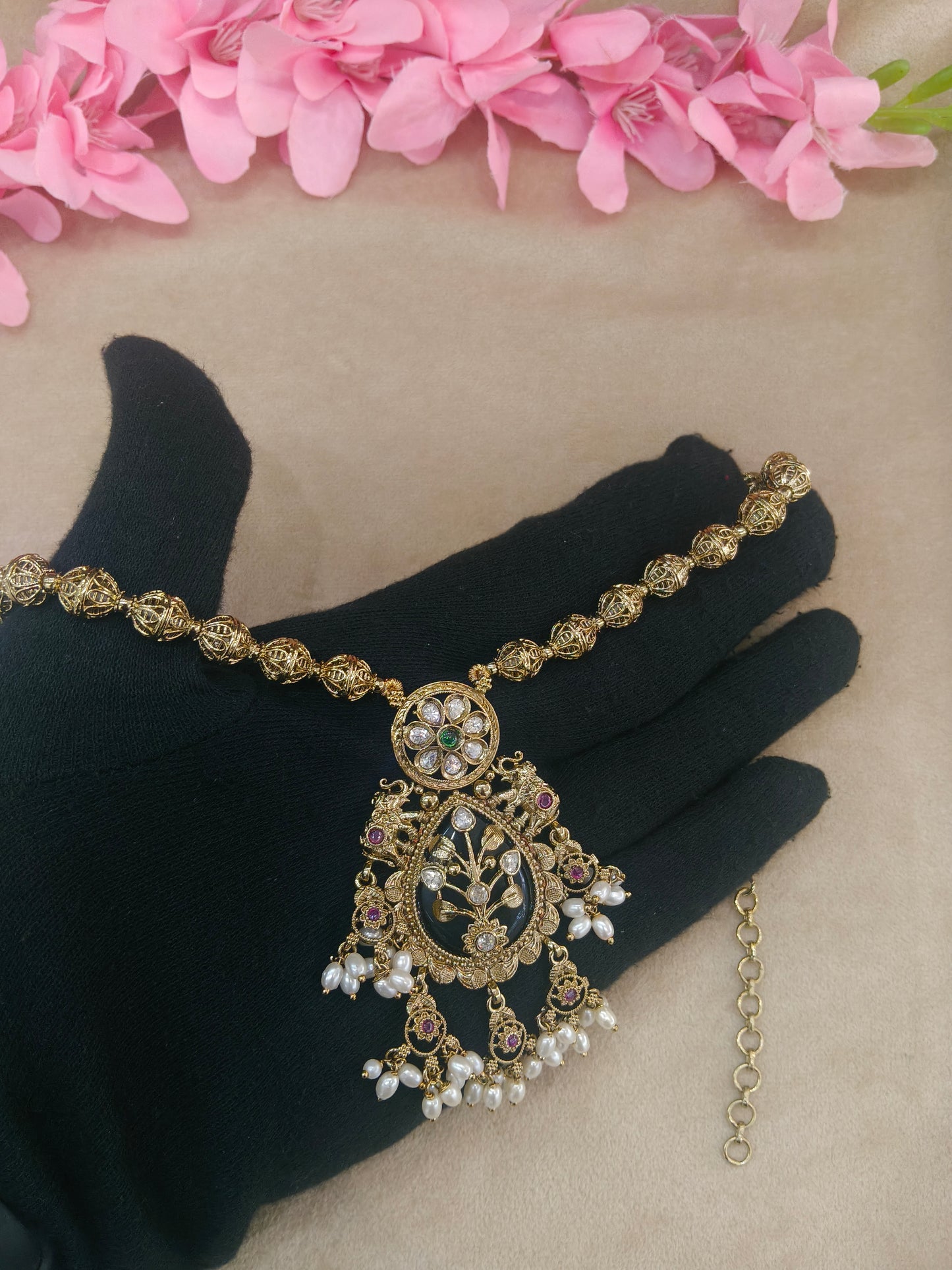 Antique Gold Ruby Green Long Necklace Jewellery Rutvi Set