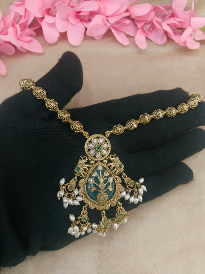 Antique Gold Sage Green Long Necklace Jewellery Rutvi Set