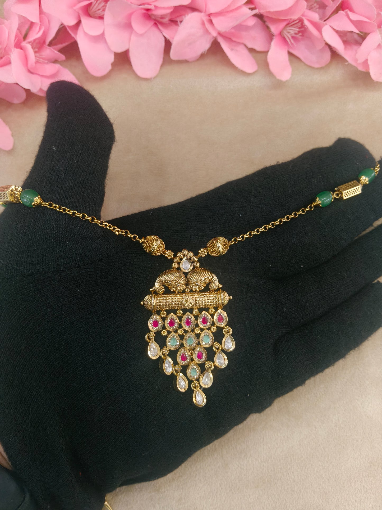Antique Gold Ruby Sage Green Long Necklace Jewellery Rutvi Set