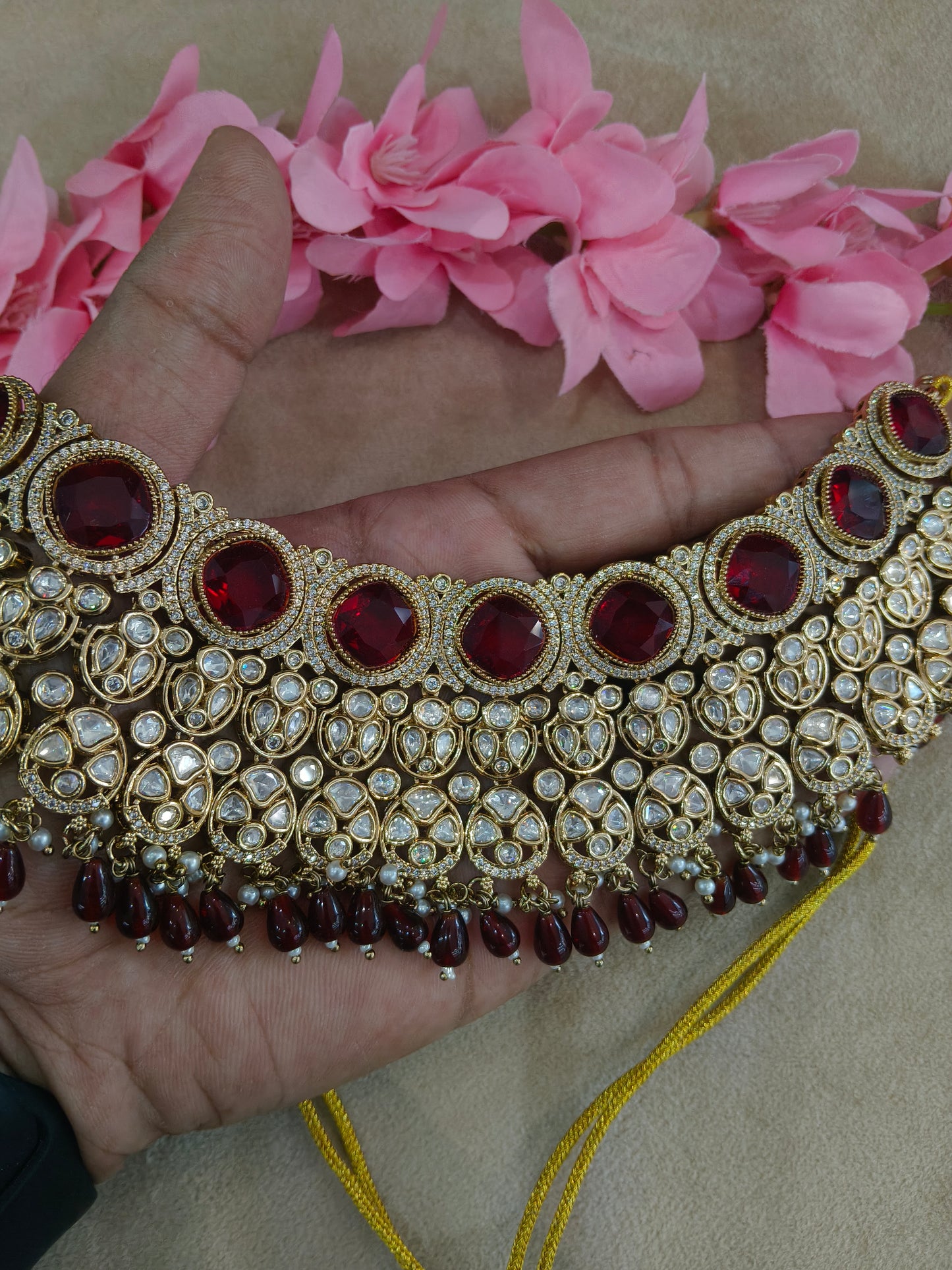 Gold Uncut Maroon Kundan Necklace Jewellery Param Set