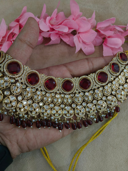 Gold Uncut Maroon Kundan Necklace Jewellery Param Set