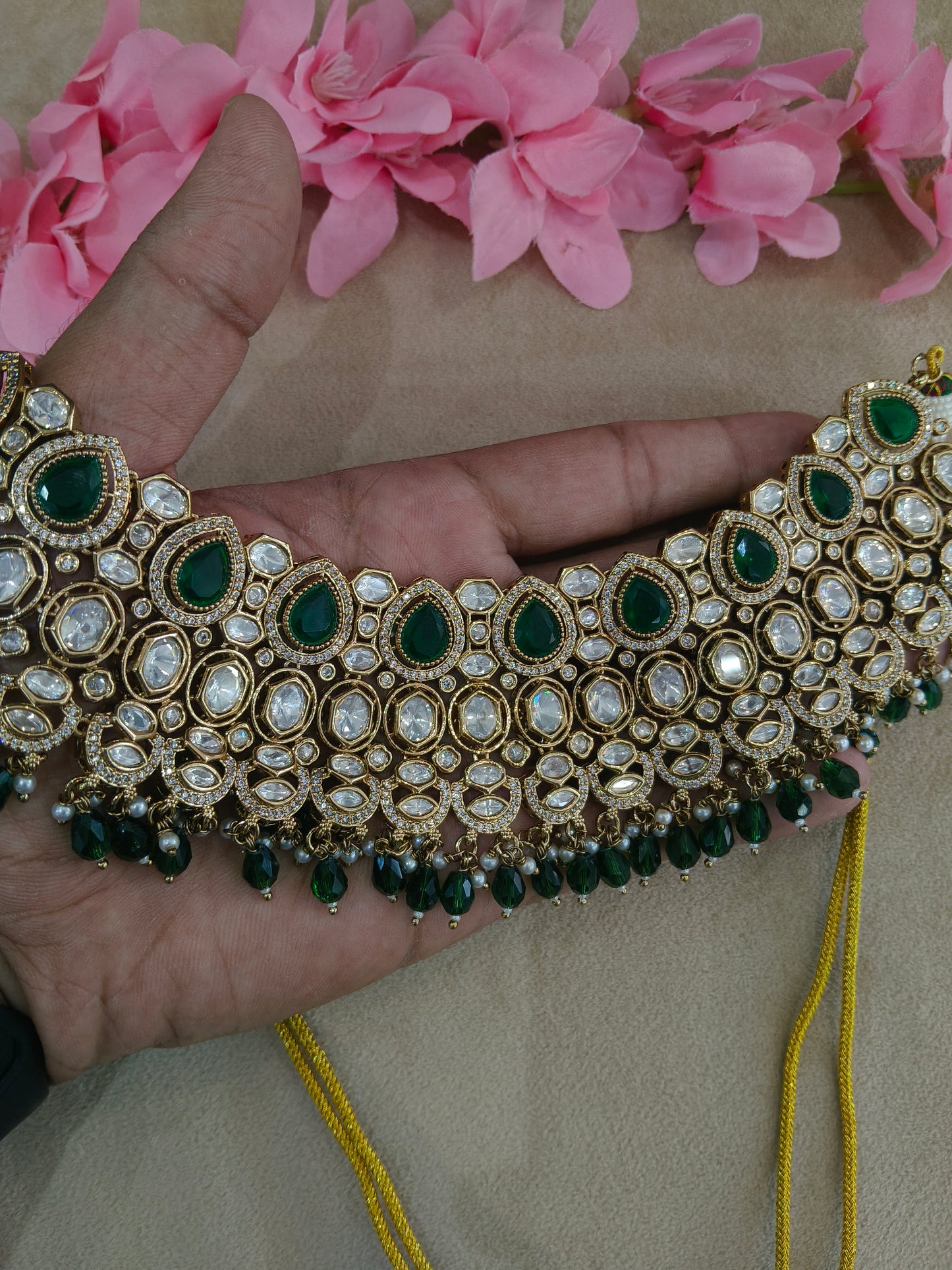 Gold Uncut Green Kundan Necklace Jewellery Param Set