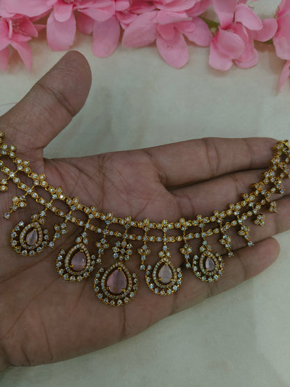 Antique Gold Pink  Cz Necklace Jewellery Pvita Set