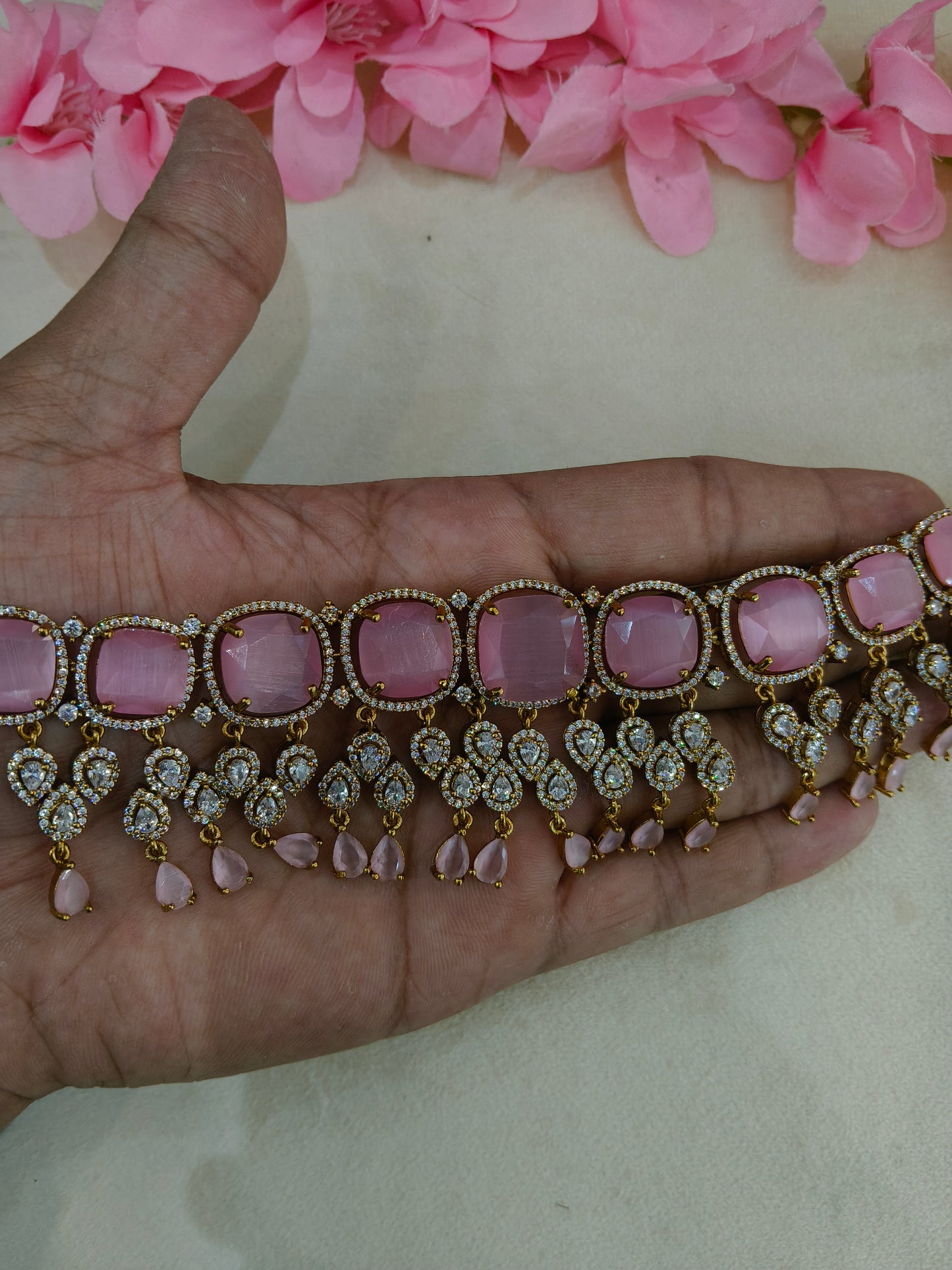 Antique Pink CZ Stone Choker Jewellery Orika Set