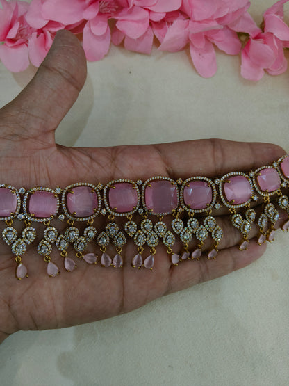 Antique Pink CZ Stone Choker Jewellery Orika Set