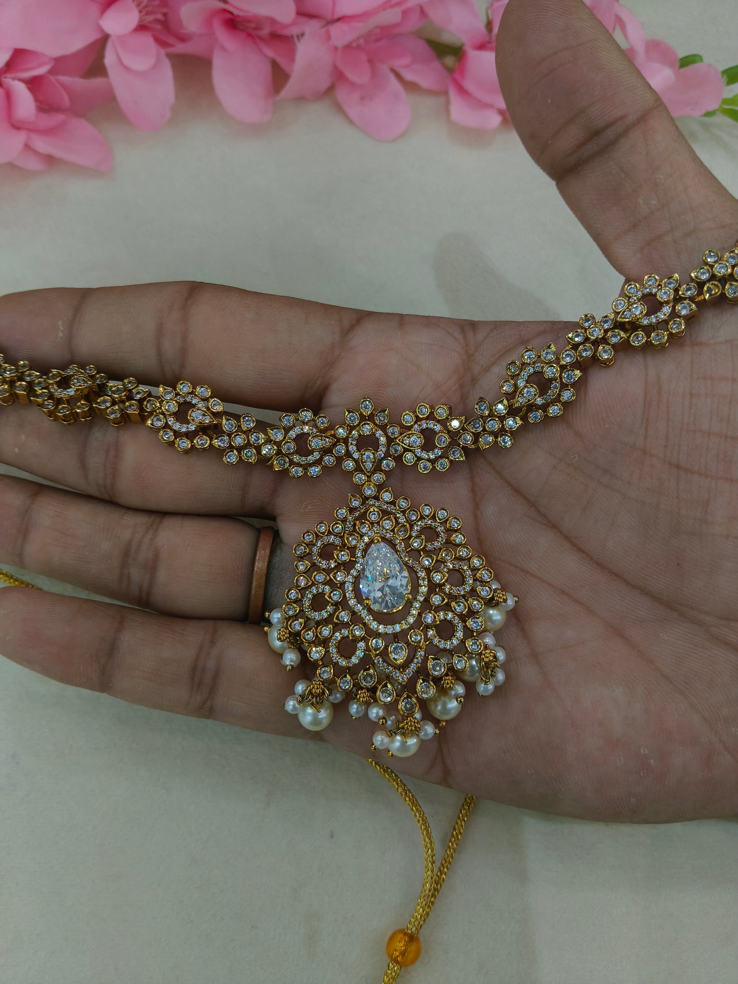 Antique Gold White Cz Necklace Jewellery Beth Set